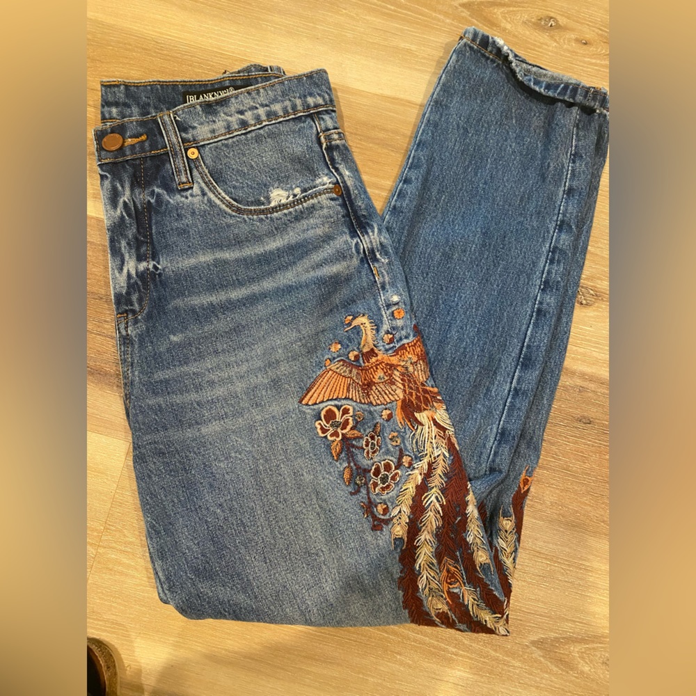 Blank NYC relaxed embroidered jeans.
